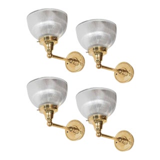 Set of Four American Classical Brass and Halophane Glass Sconces For Sale