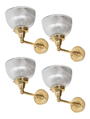 Set of Four American Classical Brass and Halophane Glass Sconces