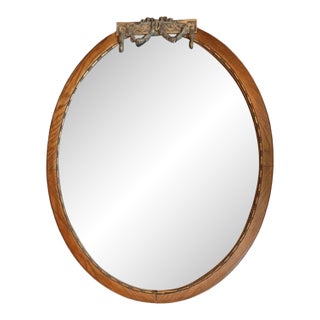 1920s French Art Deco Oval Oak Mirror With Brass Appliqué For Sale