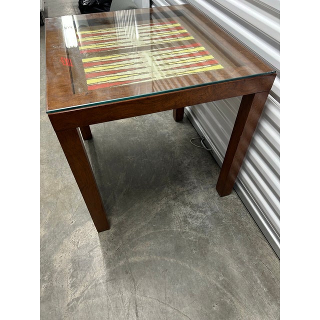 Wonderful wood vintage parsons style game table, inset needlepoint backgammon and removable glass top.