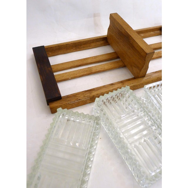Modernist Art Deco appetizer serving platter: rectangular wooden tray (openwork base, handle in the center, with a pretty...