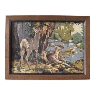 Vintage Deer Needlepoint Wall Hanging For Sale