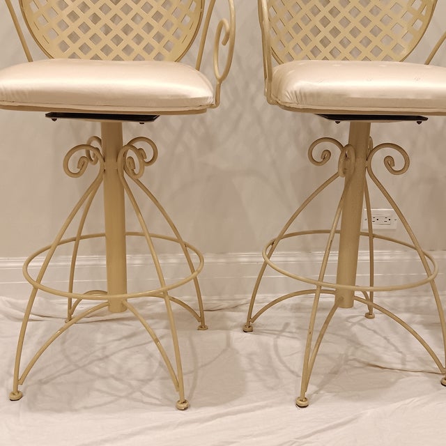 Vintage French Style Wrought Iron Indoor/Outdoor Swivel Barstools W/Cream Coating, Lattice Back and a Beautiful Silky Cream Upholstered Seat, 3 Pieces For Sale - Image 4 of 16