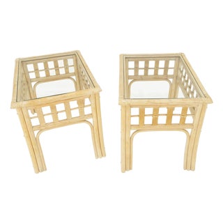 Pair of White Wash Pickle Finish Rattan Rectangle Glass Top End Side Tables MINT For Sale