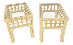 Pair of White Wash Pickle Finish Rattan Rectangle Glass Top End Side Tables MINT