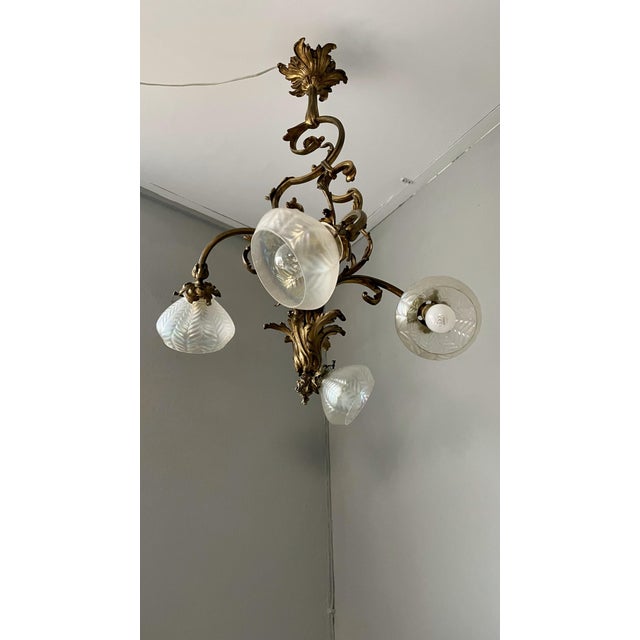 Art Nouveau Golden Chandelier with Frosted Glass Shades For Sale - Image 9 of 18