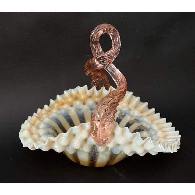 Rare Murano Art Glass Basket, Italy, circa 1955–1965 This elegant hand-blown Murano glass basket features a beautifully...