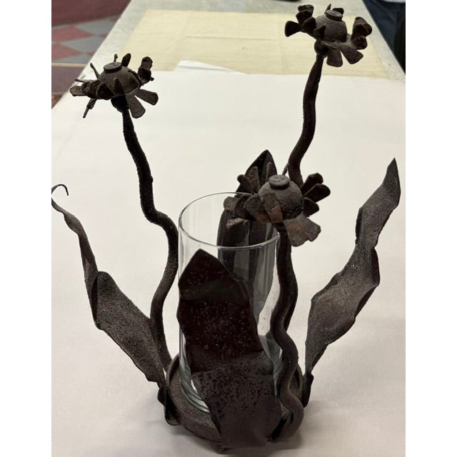 Mid 20th Century Hand Welded Iron Sculptural Brutalist Floral Candle Holder For Sale - Image 5 of 6