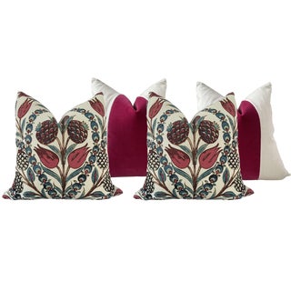 Designer Holiday Pillow Bundle in Thibaut “Corneila” and Custom Fuchsia Velvet Panel - Set of 4 For Sale