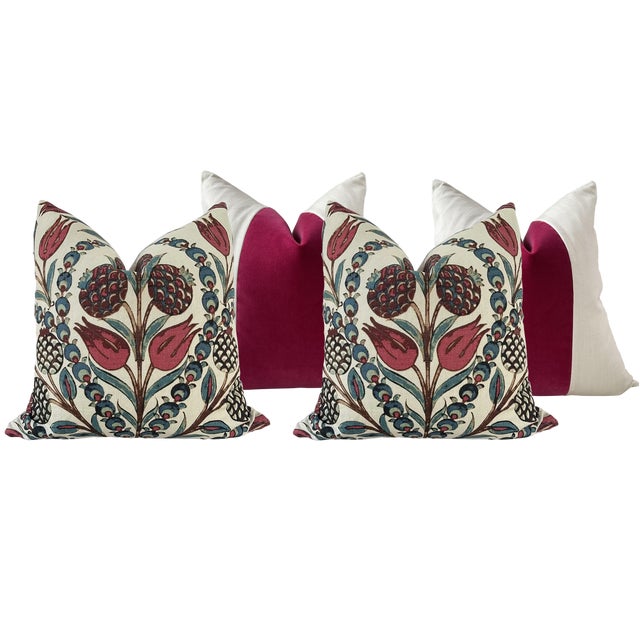 Designer Pillow Bundle in Thibaut “Corneila” and Custom Fuchsia Velvet Panel - Set of 4 For Sale