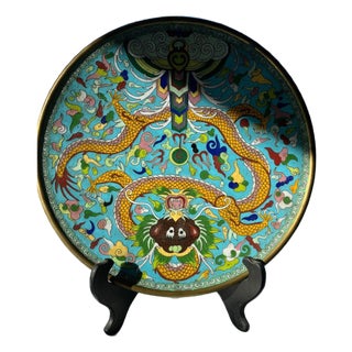 Large 12" Antique Chinese Cloisonné Dragon Charger Plate - Late Qing/Republic For Sale