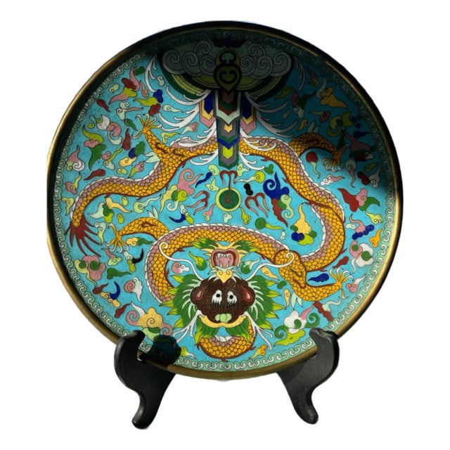 Large 12" Antique Chinese Cloisonné Dragon Charger Plate - Late Qing/Republic For Sale