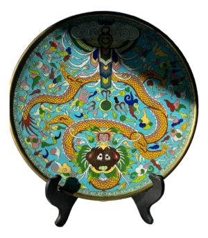 Large 12" Antique Chinese Cloisonné Dragon Charger Plate - Late Qing/Republic