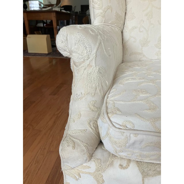 White Queen Anne Crewel Embroidered Wingback Armchair For Sale - Image 8 of 9
