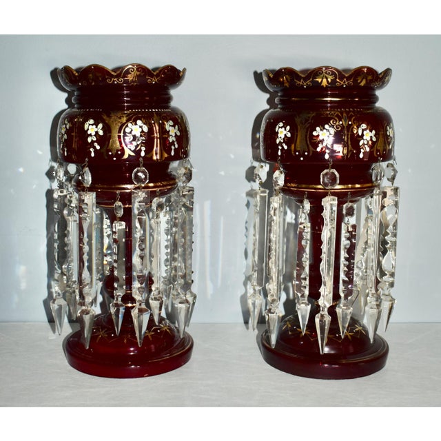 Antique Victorian Bohemian Pair of Cranberry/Ruby Glass Mantel Lusters For Sale - Image 10 of 12