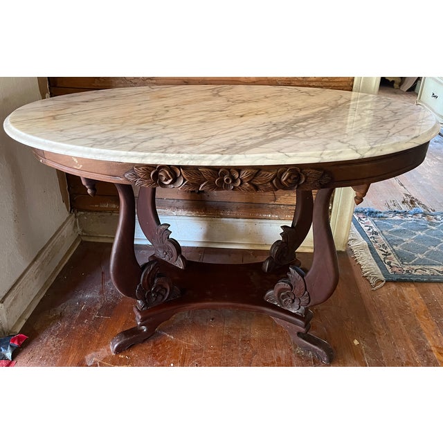 Wood Mid 20th Century French Provincial Style Oval Marble-Top Center Table | Italian Marble | Carved Rose Garland Apron | Lyre Base For Sale - Image 7 of 14