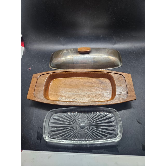 Gorham Vintage Gorham Yc75 Mid-Century Modern Teak and Steel Butter Dish W/Glass Insert For Sale - Image 4 of 4