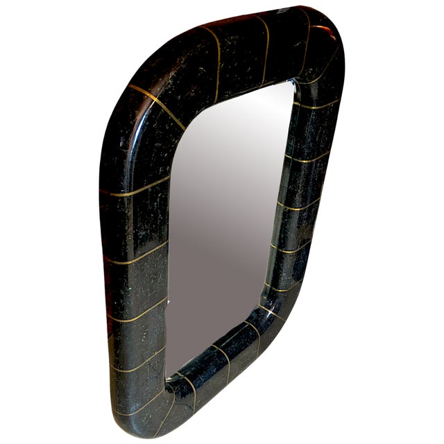 1970s 1980s Postmodern Tessellated Stone Wall Mirror Inlaid Brass Spokes Attrib. Maitland-Smith For Sale - Image 5 of 10
