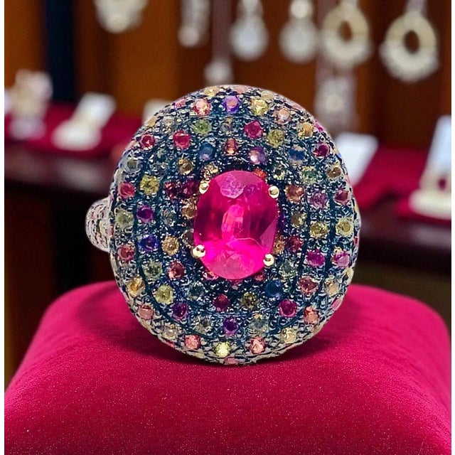 Ruby Red Bochic “Orient” Vintage Natural Ruby & Multi Sapphire Ring Set In 18K Gold & Silver For Sale - Image 8 of 8