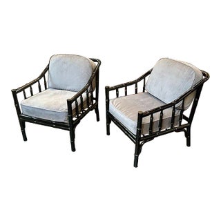 Pair of Mid-Century Black Lacquered Bamboo Armchairs For Sale