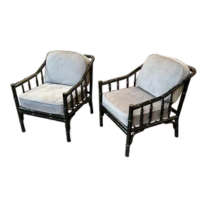 Pair of Mid-Century Black Lacquered Bamboo Armchairs