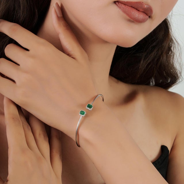 Modernist Emerald & Diamond Toi Et Moi Open Cuff Bangle, May Birthstone Gift For Sale - Image 6 of 12