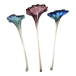 Mid-Century 1960s Murano Blue & Amethyst Art Glass Trumpet Lilies - Trio For Sale