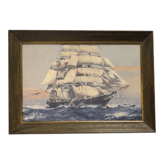 Vintage Nautical Tall Ship Framed Reproduction Print — Classic Maritime Sailing Ship Art — Original Wood Frame For Sale