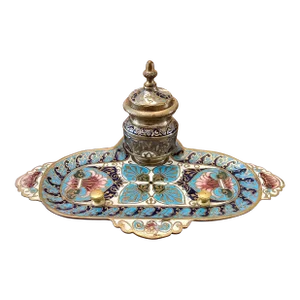 Antique French Champleve Enamel Bronze Inkwell