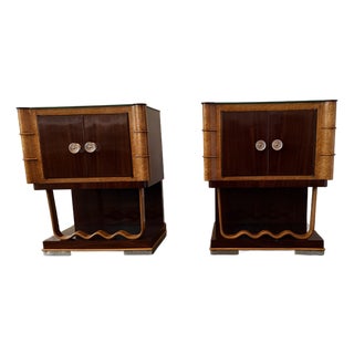 1990s Pair of Sculptural Art Deco Revival Burlwood Nightstands With Green Glass Tops For Sale