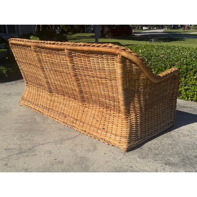 Vintage 72” Handwoven Rattan Sofa With Large Braid Trim For Sale - Image 11 of 12