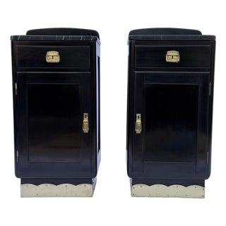 Viennese Art Deco Nightstands with Black Marble Tops and Brass Details, c. 1940, Set of 2 For Sale