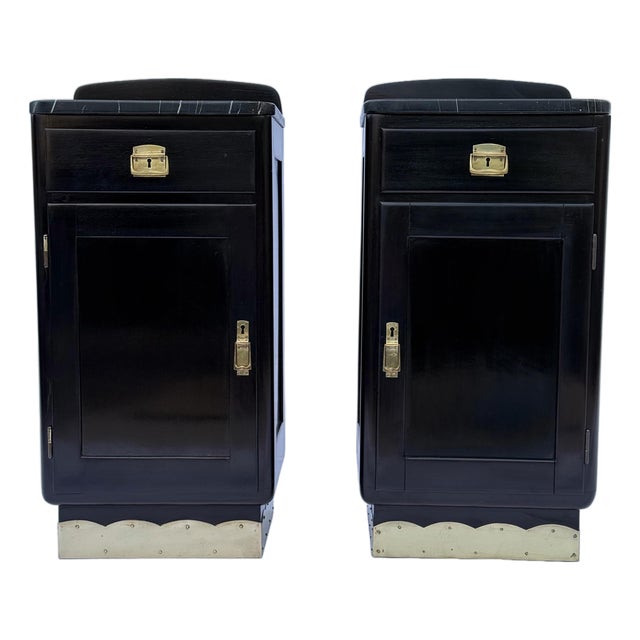 Viennese Art Deco Nightstands with Black Marble Tops and Brass Details, c. 1940, Set of 2 For Sale