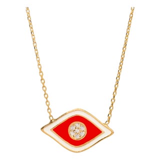 Vivid Orange Enamel Evil Eye Pendant Gold & Diamond Necklace For Sale