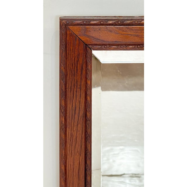 English Rectangular Beveled Wall Mirror With Oak Frame (H 34 1/4 X W 13 1/2) For Sale - Image 4 of 8