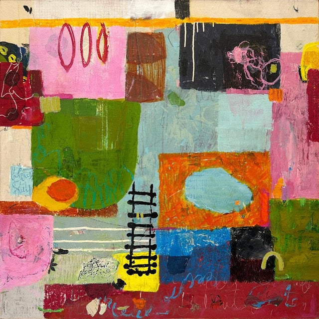 Abstract Christiane Corcelle "Ladders to Home" Mixed Media on Canvas, Colorful Geometric Abstract Painting in Pink, Green and Orange, 2025 For Sale - Image 3 of 6