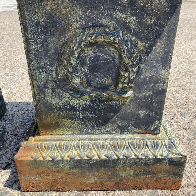Vintage Neoclassical Cast Iron Wreath Garden Urn Planter Pedestal Base - Pair For Sale In Philadelphia - Image 6 of 12