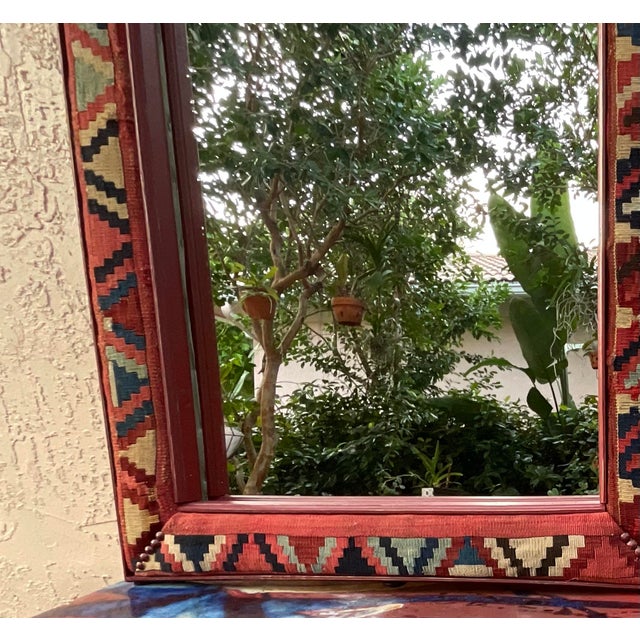 Ruby Red Handcrafted Antique Kilim Rug Wall Mirror/ Bohemian Geometric , Woven , Rustic For Sale - Image 8 of 14
