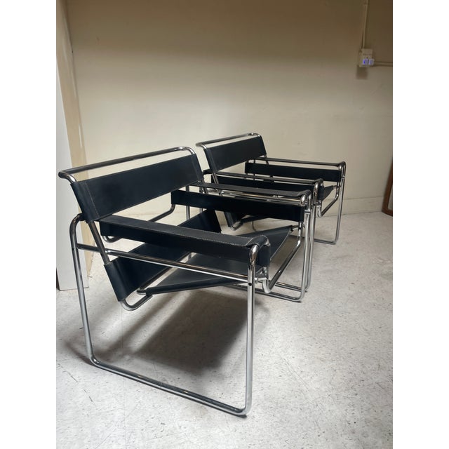 Pair of Vintage Chromed Tubular Steel and Black Leather Wassily Chairs, designed by Marcel Breuer for Knoll IYKYK! Each...