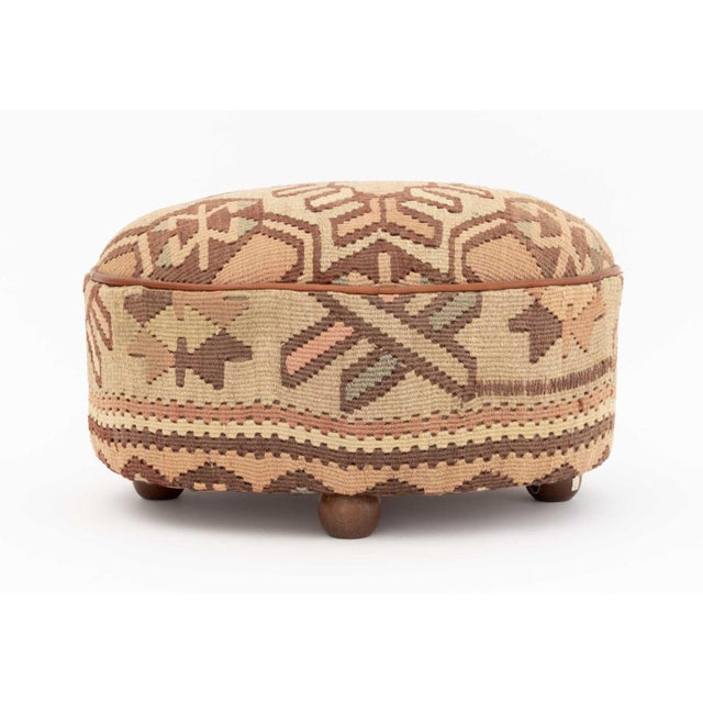 Wood Oval Kilim Upholstered Footstool For Sale - Image 7 of 8
