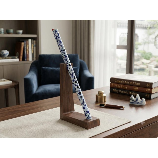 Blue White Porcelain Floral Graphic Flute Shape Tube Display Art For Sale In San Francisco - Image 6 of 7