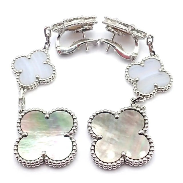 Van Cleef & Arpels Van Cleef & Arpels White Gold Magic Alhambra Mop Chalcedony Earrings, Pair For Sale - Image 4 of 11
