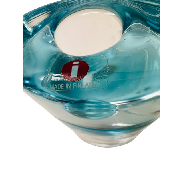 Glass Vintage Iittala Arktia Glass Candle Holders Pair - Designed by Timo Sarpaneva - Finland 1980s Art Glass - Blue Core & Bubbles With Original Label For Sale - Image 7 of 10