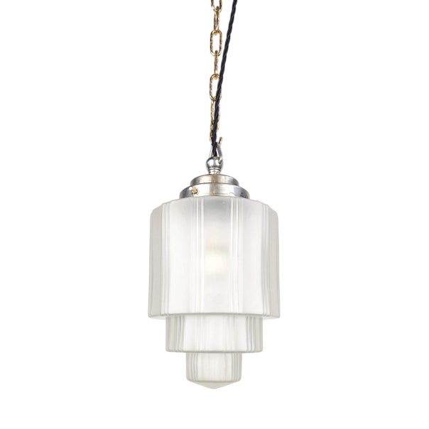 French Art Deco Etched Skyscraper Pendant Light For Sale