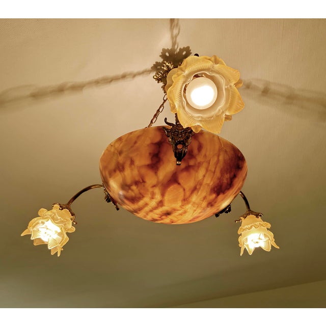 1930s Art Deco Pendant Light in Alabaster Marble and Bronze, 1930s For Sale - Image 5 of 18