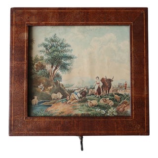 Antique Victorian Wooden Tea Caddy With Painted Pastoral Scene For Sale