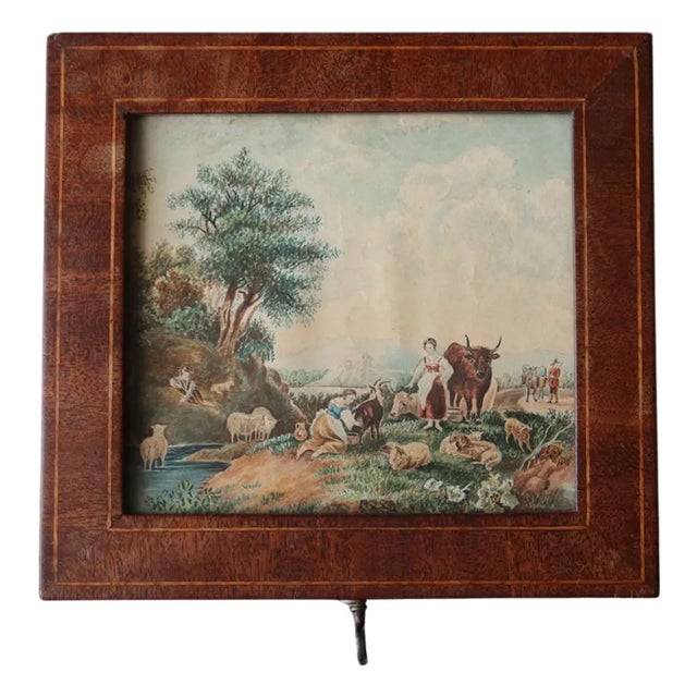 Antique Victorian Wooden Tea Caddy With Painted Pastoral Scene For Sale