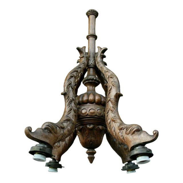 C1920's French Art Deco Carved Wood Sea Creature/ Dolphin 4 Fish Chandelier For Sale