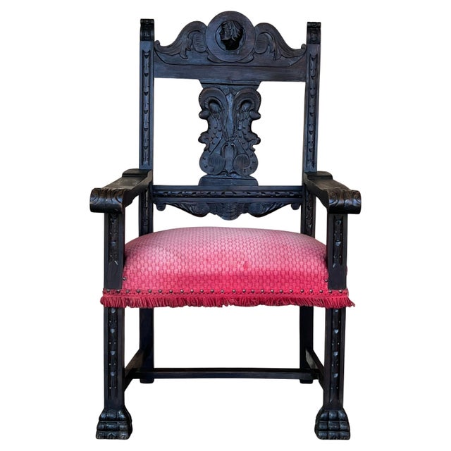 19th Spanish Colonial Altar Carved Armchair with Red Velvet Seat and Carved Back For Sale - Image 15 of 18