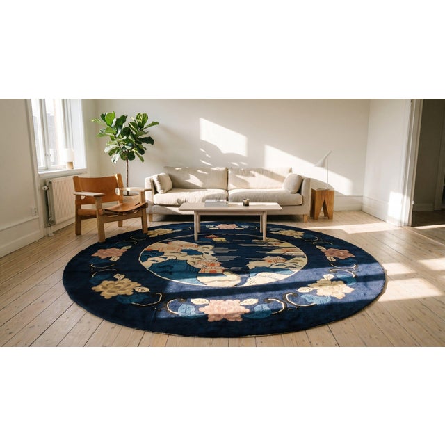 Navy Blue Brilliant Navy Blue Color With Florid and Beautiful Scenery as Design Antique Chinese Peking Rug For Sale - Image 8 of 9